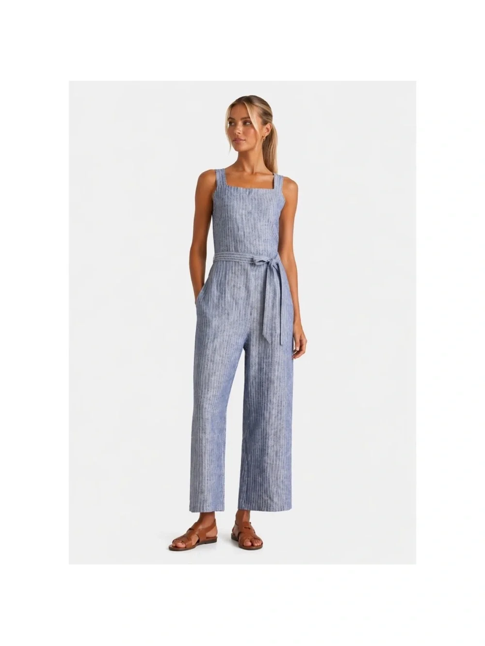 Quince Sleeveless Square Neck Blue European Linen Jumpsuit with Tie Waist S NWOT